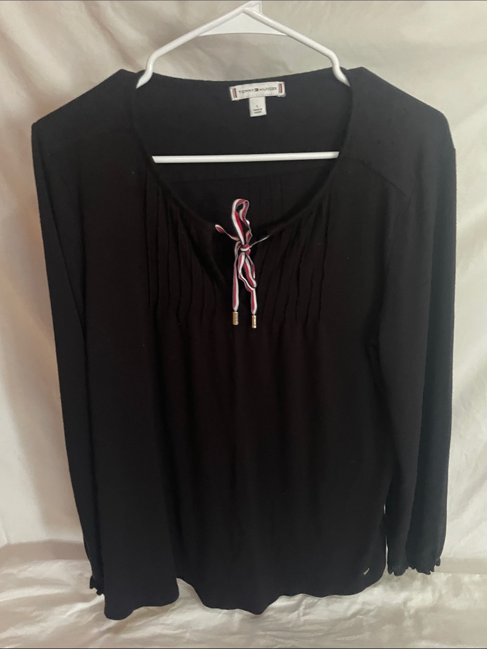 Tommy Hilfiger Black Long-Sleeve Tie-Neck Top with Signature Stripe